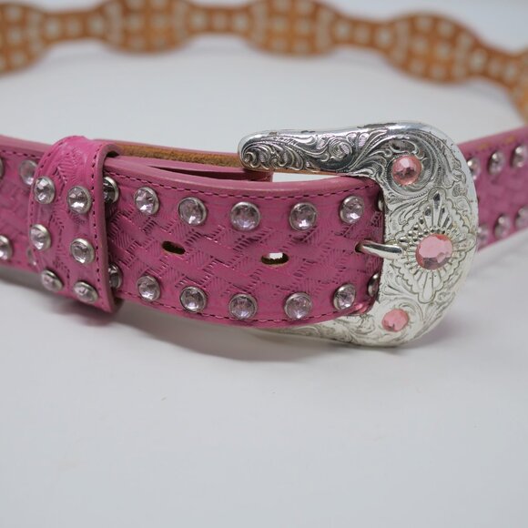 Tony Lama Pink Leather Western Belt Embossed Rhinestone Silver Buckle Studs 34 main image 6